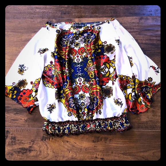 Rampage Tops - Rampage Silky Cinched Bottom Boho Peasant Blouse